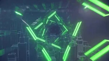 Şehir manzarası üzerinde geometrik desenler oluşturan fütüristik yeşil neon ışıklarının animasyonu. teknoloji, kentsel, aydınlatma, dijital, yenilik, siber punk