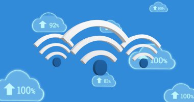 Mavi arka planda büyüyen kablosuz internet simgeleri ve dijital bulutların görüntüsü. küresel ağ, sosyal medya, bağlantı ve dijital arayüz kavramı dijital olarak oluşturuldu.