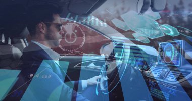 Otomatik araba kullanan bir adamın görüntüsü. iletişim teknolojisi dijital arayüz kavramı, dijital olarak oluşturulmuş görüntü.