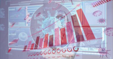 Coperid 19 hücre, istatistik ve veri işleme ekipmanlı bilim adamının görüntüsü. küresel koronavirüs salgını, ilaç ve araştırma konsepti dijital olarak oluşturulmuş görüntü.