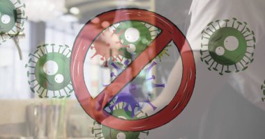 Yüz maskesi takan, dezenfektan kullanan adama karşı Coperid 19 hücresi tabelasını imzalama. Coronavirus covid-19 salgın konsepti