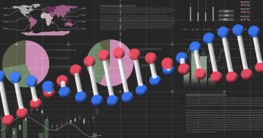 İstatistiklerin üzerinde DNA ipliği resmi. küresel sosyal medya, bağlantılar, dijital arayüz, teknoloji ve ağ konsepti dijital olarak oluşturuldu.