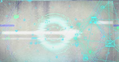 Kapsam taraması ve simgelerle bağlantı ağı resmi. küresel veri işleme, iletişim, dijital arayüz, teknoloji ve ağ konsepti dijital olarak oluşturuldu.