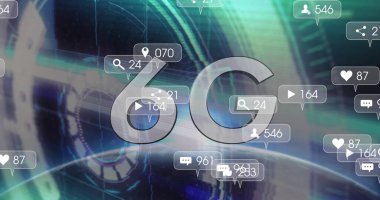 6G metin, sosyal medya simgeleri ve veri işleme resimleri. küresel sosyal medya, iletişim, dijital arayüz, teknoloji ve ağ konsepti dijital olarak oluşturuldu.