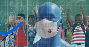 Sınıftaki çocuklar başparmak kaldırıyor, ön planda maske takan mavi bir figür. Eğitim, coşku, jest, onay, mutluluk, öğrenme