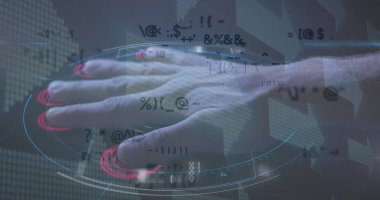 Biyometrik ekrana dokunan adamın üzerindeki oklarla veri işleme görüntüsü. küresel bağlantılar, kimlik ve dijital arayüz konsepti dijital olarak oluşturulmuş görüntü.