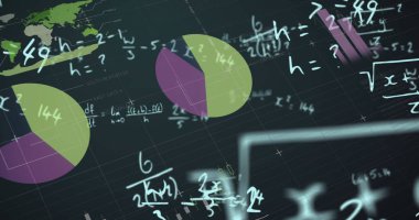 Yeşil arkaplanda matematiksel denklemler üzerine istatistiklerin görüntüsü. Bilim, eğitim ve bilgi kavramı dijital olarak oluşturulmuş görüntü.