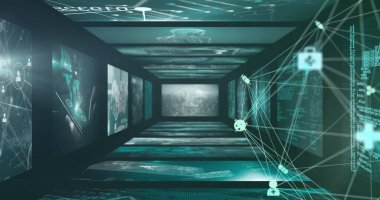 Ekranlardaki veri işleme üzerinden bağlantı ağının resmi. küresel internet güvenliği, teknoloji, bağlantılar ve dijital arayüz konsepti dijital olarak oluşturulmuş görüntü.