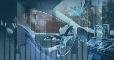 Otomobil kullanan bir adamla istatistik ve bilgi görüntülerini gösteren arayüz resmi. iletişim teknolojisi dijital arayüz kavramı, dijital olarak oluşturulmuş görüntü.