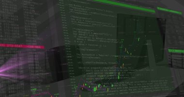Boş ofisin üzerinde veri işleme yapan ekranların resmi. küresel bağlantılar ve dijital arayüz konsepti dijital olarak oluşturulmuş görüntü.