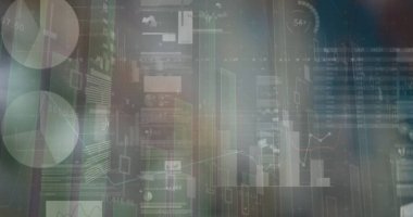Şehir manzarası üzerinde finansal veri işleme resmi. küresel iş, veri işleme, dijital arayüz, teknoloji ve ağ konsepti dijital olarak oluşturulmuş görüntü.