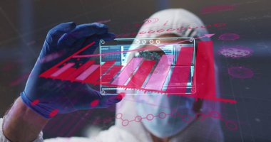 Takım elbiseli bilim adamının Coperid 19 hücreli ekranı üzerindeki istatistikleri. küresel koronavirüs salgını, ilaç ve araştırma konsepti dijital olarak oluşturulmuş görüntü.