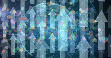 Arkaplanda bağlantı ağı olan dijital simgeler ve okların görüntüsü. küresel teknoloji, bağlantılar ve dijital arayüz konsepti dijital olarak oluşturulmuş görüntü.