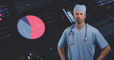 Erkek doktorun portresi üzerinde istatistik kaydı ve dünya haritası. küresel koronavirüs salgını konsepti dijital olarak oluşturulmuş görüntü.