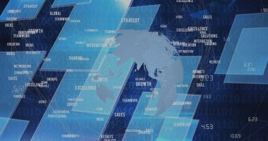İş metninin ve arka plandaki mavi dijital ekranların resmi. küresel teknoloji, bağlantılar ve dijital arayüz konsepti dijital olarak oluşturulmuş görüntü.