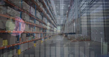 Depodaki finansal veri işleme görüntüsü. küresel iş, veri işleme, dijital arayüz, teknoloji ve gönderme konsepti dijital olarak oluşturuldu.