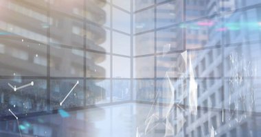 Boş ofisler ve şehir manzarası üzerindeki bağlantı ağının resmi. küresel bağlantılar, teknoloji ve dijital arayüz kavramı dijital olarak oluşturulmuş görüntü.