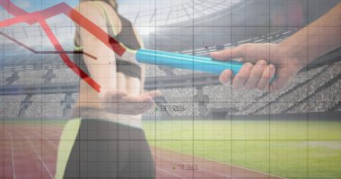 Kırmızı grafikler ağ üzerinden el siluetine karşı hareket ediyor ve beyzbol sopasını spor sahasına geçiriyor. Spor yarışması ve turnuva konsepti