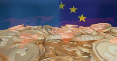 Avrupa Birliği bayrağının üzerinde dolar işaretleri olan altın sikkeler istiflemek animasyon yaratır. Maliye, para birimi, yatırım, zenginlik, ekonomi, ticaret
