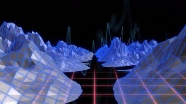 Animasyonda, mavi telli dağlar ve neon şebekeler fütüristik bir manzara yaratıyor. dijital, siber punk, bilim kurgu, teknoloji, sanal, 3D