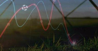 Arka planda elektrik hatları olan çimenli bir arazide grafiksel animasyon. Enerji, elektrik, altyapı, çevre, teknoloji, analiz