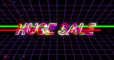 Ağ arka planı ve renkli ışıkları olan retro neon büyük satış metninin animasyonu. Promosyon, indirim, vintage, reklamcılık, pazarlama, canlı