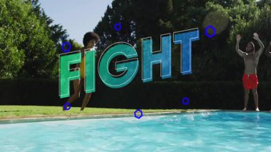 İnsanlar bilardo oynarken mavi daireler üzerinde dövüş metni animasyonu yapıyorlar. Eğlence, eğlence, eğlence, yaz, tatil, yüzme