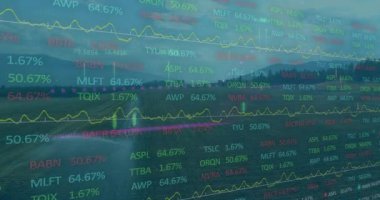 Manzara örtüşüyor, arka planda borsa verilerinin ve grafiklerinin animasyonu. Finans, ticaret, yatırım, ekonomi, fütüristik, analitik