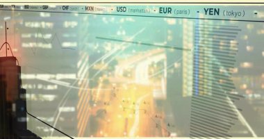 Finansal verileri ve döviz kurlarıyla şehir manzarası grafikleri kaplayan animasyon oranları. Finans, ekonomi, dijital, borsa, analitik, kentsel