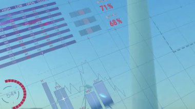 Çizelgeler, grafikler ve mavi arkaplandaki yüzdelerle animasyon oluşturuluyor. Veri görselleştirme, bilgi grafikleri, analitik, istatistik, bilgi, sunum