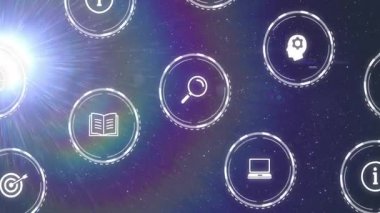 Yıldızlı uzay arkaplanı üzerinde iş konsepti simgelerinin yüzen animasyonu. Yenilik, teknoloji, dijital, soyut, galaksi, fütüristik