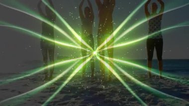 Sahilde yoga yapan insanlar üzerinde yeşil ışık desenli animasyonlar var. Meditasyon, sağlık, egzersiz, açık hava, uyum, sükunet