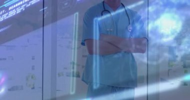 Okulda, dijital veri kaplamalı önlüklü sağlık uzmanının animasyonu. technology, innovation, medical, futuristic, analysis, science