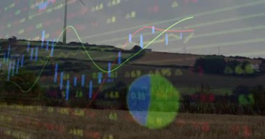 Finansal verileri ve grafikleriyle rüzgar türbini manzarası animasyonu örtüyor. Yenilenebilir enerji, sürdürülebilirlik, teknoloji, analitik, finans