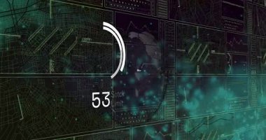 Veri işleme animasyonu ve sayısal geri sayımla dijital dünya haritası. Teknoloji, yenilik, fütüristik, siber, küresel