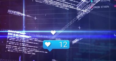 Finansal veri ve grafikler üzerinde dijital kalpler ve ikili kod animasyonu. Teknoloji, finans, yenilik, analitik, ağ