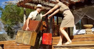 Antika bavullar taşıyorlar, ağ bağlantıları olan bir çift animasyon örtüsü. Seyahat, bagaj, bağlantı, yolculuk, retro, ortaklık