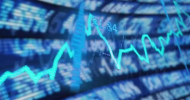 Bulanık borsa saat ekranını kaplayan mavi finansal grafiğin animasyonu. Finans, analitik, büyüme, yatırım, ticaret, ekonomi