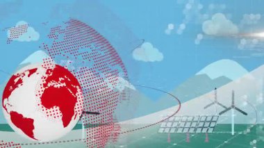 Kırmızı ve beyaz küreyi çevreleyen rüzgar türbinleri ve güneş panelleri animasyon sergiliyor. Yenilenebilir, enerji, sürdürülebilirlik, çevre, çevre dostu, teknoloji