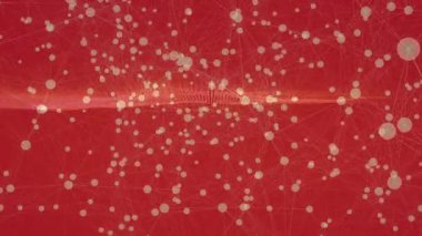 Kırmızı arkaplan üzerinde bağlantı ağı ve veri işleme animasyonu. Teknoloji, dijital, fütüristik, iletişim, bağlantı, siber uzay