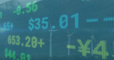 Rüzgar türbinleri ve finansal veri işleme animasyonları dağlık arazide. Yenilenebilir, sürdürülebilirlik, enerji, finans, analitik, çevre