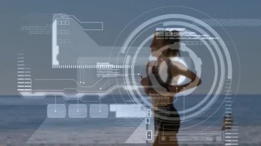 Plajda koşan, veri analizi gösteren animasyonlu bir kadın. Fitness, çalışma, dijital, teknoloji, egzersiz, analitik