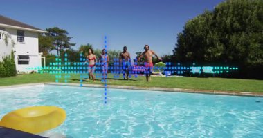 Mavi dijital animasyon sahnesiyle havuza atlayan insanlar. Parti, eğlence, yaz, neşe, teknoloji, yüzme