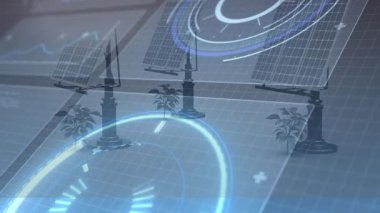 Fütürist enerji kavramı için güneş panellerinin animasyonunu kaplayan dijital arayüz. Teknoloji, yenilenebilir, sürdürülebilirlik, yenilik, temiz enerji, çevre dostu
