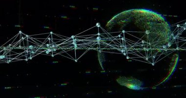 Okulda parlayan Dünya hologramı üzerinde oluşan dijital ağ bağlantılarının animasyonu. Teknoloji, bağlantı, küresel, iletişim, yenilik, eğitim