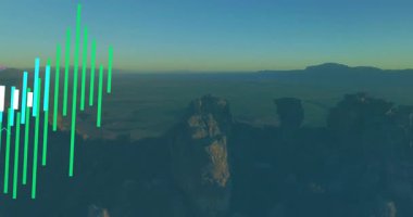 Geniş arazinin havadan görünüşü üzerinden finansal veri canlandırma animasyonu. Finans, analitik, ekonomi, büyüme, dijital, teknoloji