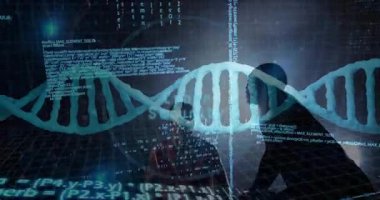 İkili kodlama ile DNA ipliği, animasyon tarzında bilimsel veri işleme. Genetik, biyoteknoloji, biyoenformatik, dijital, teknoloji, bilim