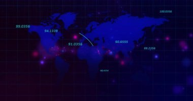 Şebeke arkaplanı üzerinden dünya haritasına bağlanan dijital veri noktalarının animasyonu. Küresel, teknoloji, ağ, bağlantı, geleceksel, haritalama