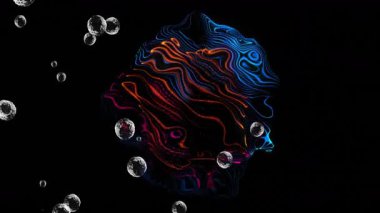 Renkli çizgiler ve soyut üç boyutlu şekillerle animasyon halinde yüzen şeffaf küreler. dijital, geometrik, canlı, fütürist, dinamik, yaratıcı