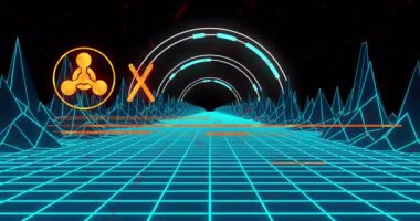 Kırmızı alarm mesajı turuncu parlıyor. Fütürist ızgarada. Acil eylem için animasyon. acil durum, uyarı, dijital, teknoloji, siber